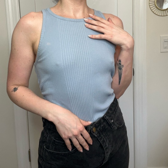 Aerie Baby Blue High Neck Ruched Bodysuit - Picture 1 of 13